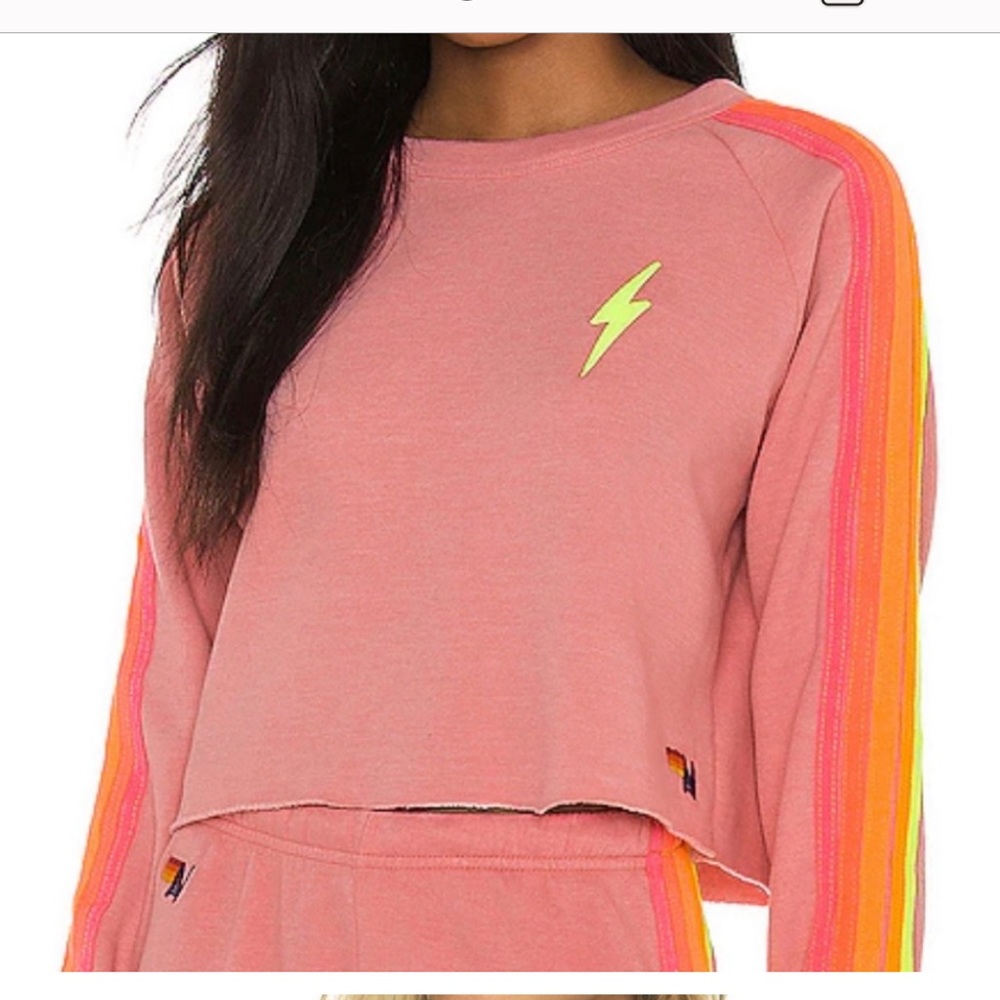 Aviator Nation Bolt Classic Crop Crew Sweatshirt Pink and Neon Stripes Sz XS